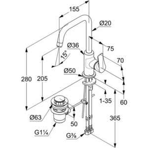 Смеситель для раковины Kludi Pure&Solid с донным клапаном (340250575)