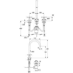 Смеситель для раковины Kludi Nova Fonte на 3 отверстия, с донным клапаном, хром (201430520)