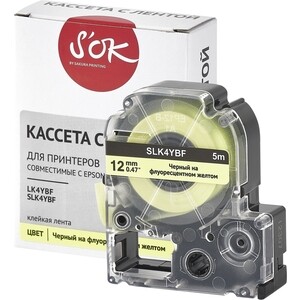 Кассета с лентой S'OK K4YBF для Epson , черный на флуоресцентном желтом, 12мм/5м