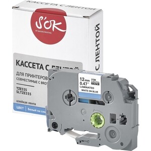 Кассета с лентой S'OK TZE535 для Brother, белый на синем, 12мм/8м