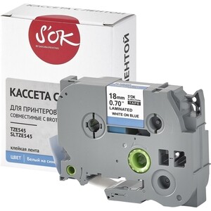 Кассета с лентой S'OK TZE545 для Brother, белый на синем, 18мм/8м