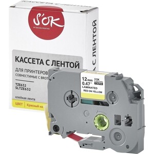 Кассета с лентой S'OK TZE632 для Brother, красный на желтом, 12мм/8м