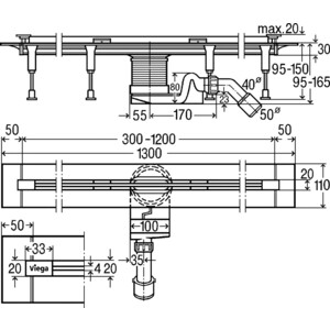 Душевой лоток Viega Advantix Vario 1200мм с матовой вставкой 686277+686284 (704353)