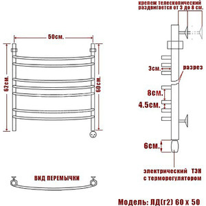 Полотенцесушитель электрический Ника Arc ЛД Г2 60/50 ТЭН справа